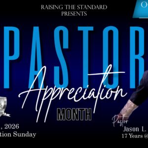 Pastor preaching at microphone on appreciation poster